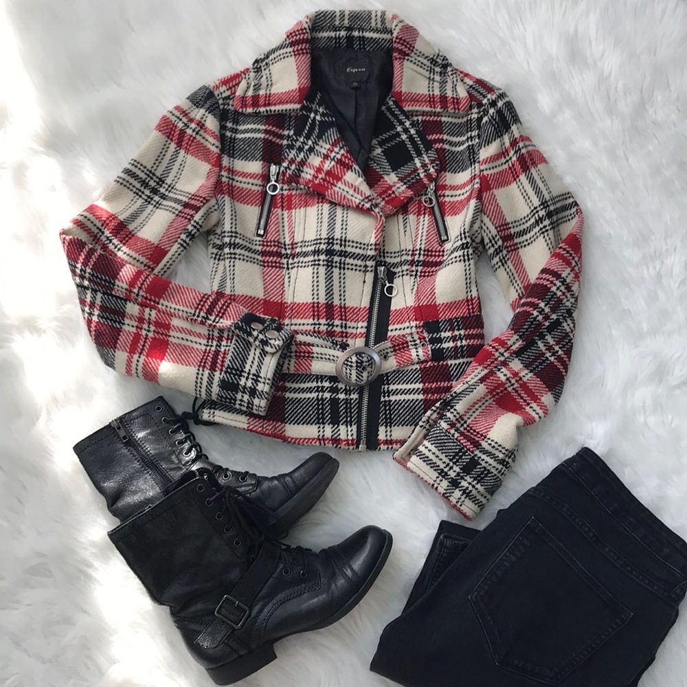 Express Red Black and Cream Plaid Wool Blend Moto Jacket